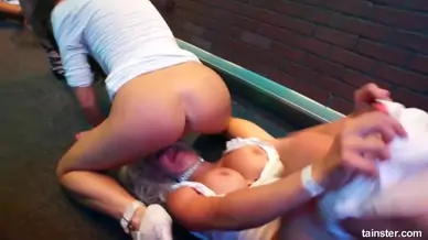 Lesbian pornstars masturbating their pussies in public