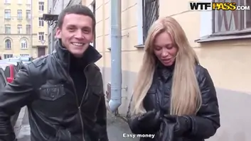 Long haired blonde chick sucks in the porch for the money