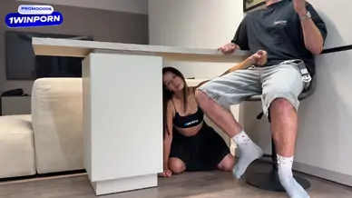 I hid under the table and wanted to scare stepbrother but he start jerk off i help him cum its ok