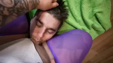 Girl put stepdaddy on his knees making him lick her pussy