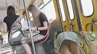 Glamorous golden haired in denim upskirt vid