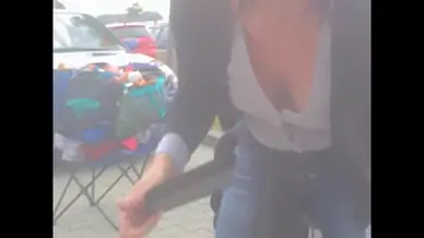 Amateur down the blue blouse shot at the market