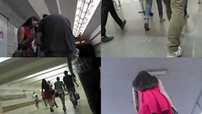 Amateur brunette shows off thong in candid upskirts