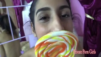 Aileen 19 sucks the lolipop until he squirts