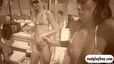 Big tits playmates driving an air glider and biking exhibition