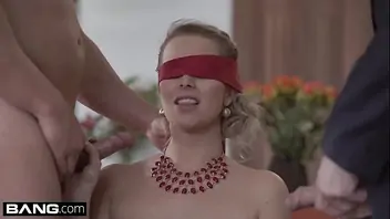 Tricked blindfold surprise cock threesome